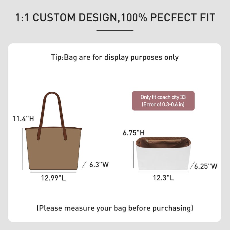 OAikor Purse Organizer Insert for Coach City Tote 33, Lightweight Dupont Paper Tote Bag Organizer Storage Dividers with Keychain, 9 Pockets Bag Insert with Cup Holder Zippered Section,White-Brown - Image 2