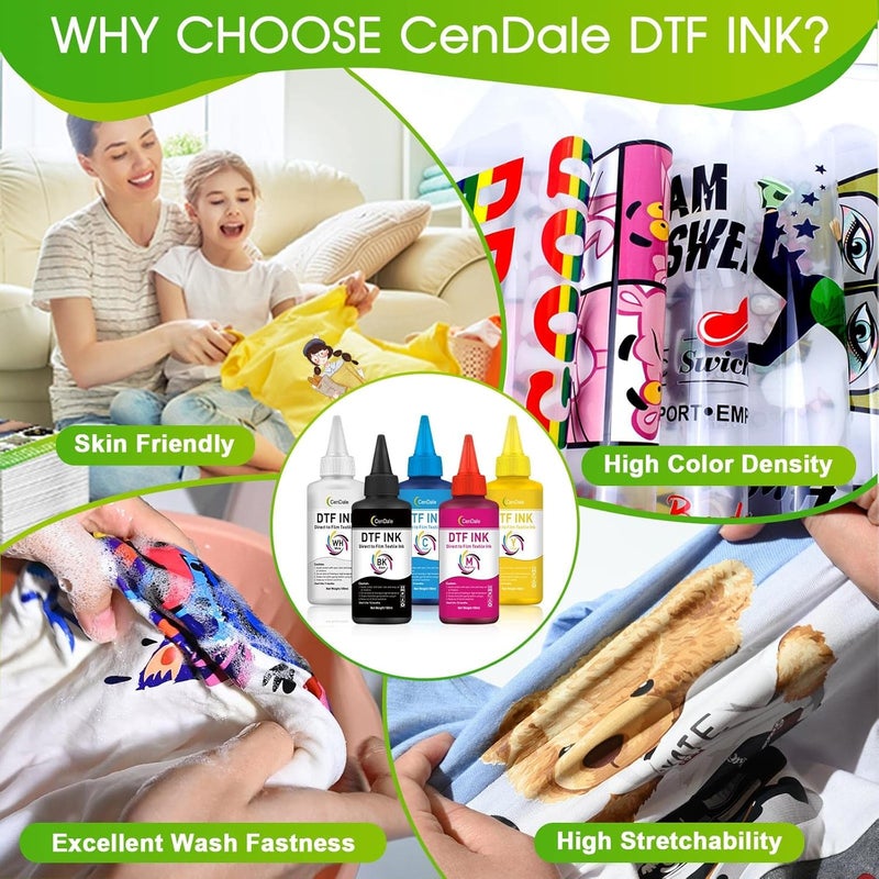 CenDale Premium DTF Ink 600ML- DTF Transfer Ink for PET Film, Refill for DTF Printers Epson ET-8550, XP-15000, L1800, L805, R1390, R2400, Heat Transfer Printing Direct to Film (100ml x 6, CMYK Wh) - Image 5