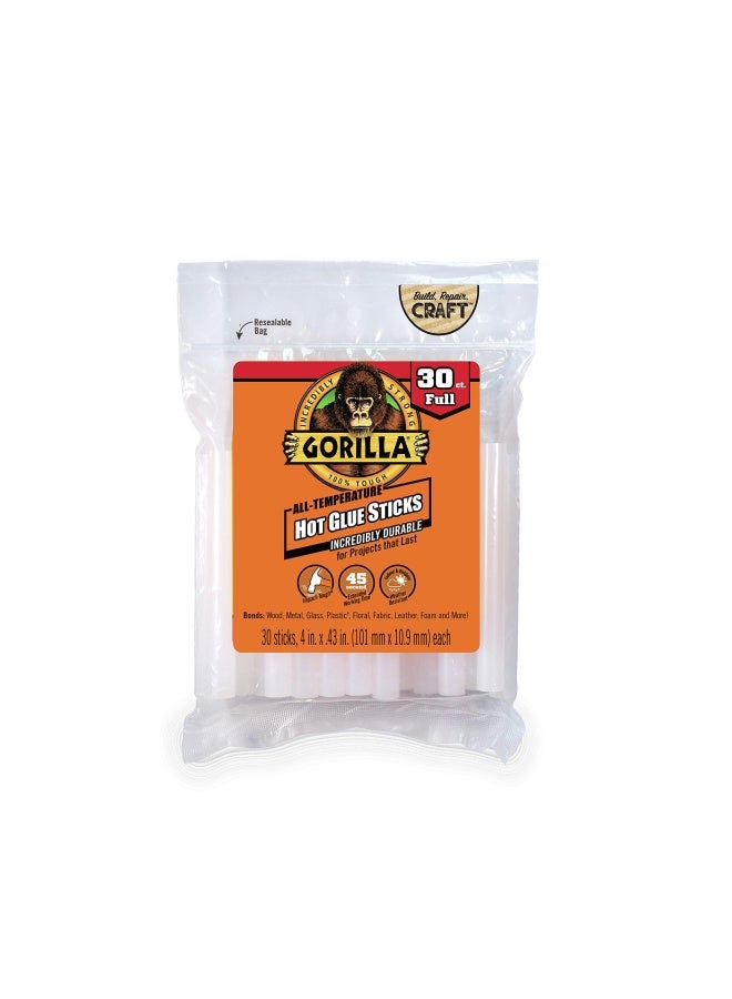 Gorilla أعواد الغراء الساخن من غوريلا، بالحجم الكامل، 4" طول × 0.43" قطر، 30 قطعة، شفاف، يلتصق: الخشب، المعدن، الزجاج، البلاستيك، الزهور، القماش، الجلد، الرغوة، وأكثر (عبوة واحدة تحتوي على 30 عصا غراء) - Image 1