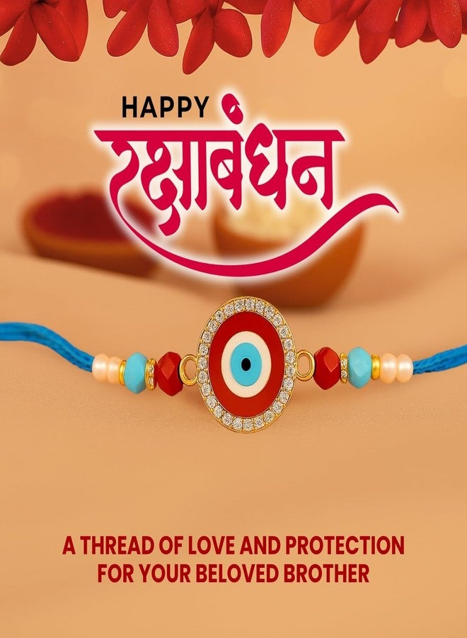 Sage Square Evil Eye Rakhi for Brother, Bhai with Roli Chawal | Raksha Bandhan | Designer Beads, Stones, Decorative Work | Stylish Handcrafted Rakhi Gifting for Sibling Festival Celebration (Type 8) - Image 5