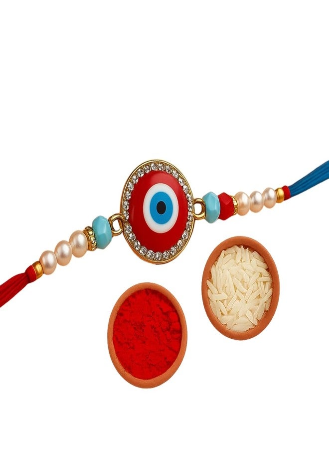 Sage Square Evil Eye Rakhi for Brother, Bhai with Roli Chawal | Raksha Bandhan | Designer Beads, Stones, Decorative Work | Stylish Handcrafted Rakhi Gifting for Sibling Festival Celebration (Type 8) - Image 1