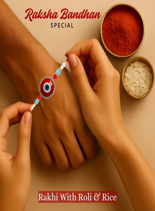 Sage Square Evil Eye Rakhi for Brother, Bhai with Roli Chawal | Raksha Bandhan | Designer Beads, Stones, Decorative Work | Stylish Handcrafted Rakhi Gifting for Sibling Festival Celebration (Type 8) - Image 3