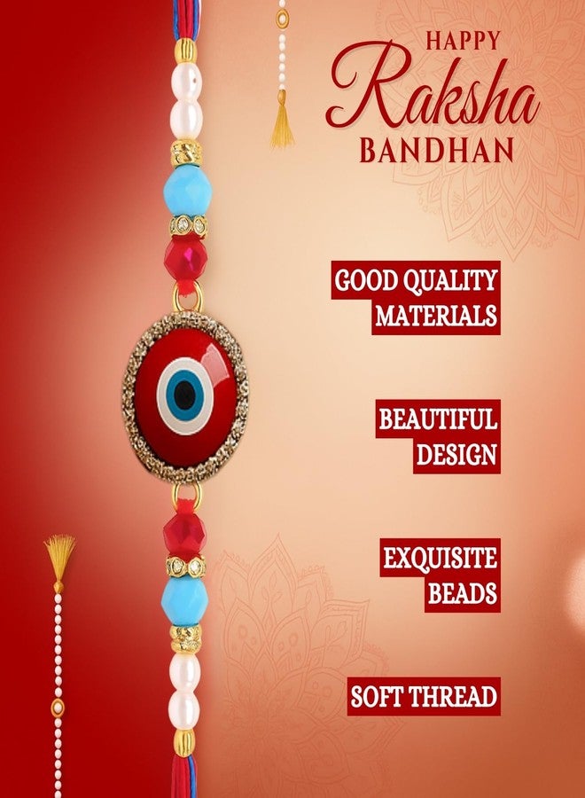Sage Square Evil Eye Rakhi for Brother, Bhai with Roli Chawal | Raksha Bandhan | Designer Beads, Stones, Decorative Work | Stylish Handcrafted Rakhi Gifting for Sibling Festival Celebration (Type 8) - Image 4