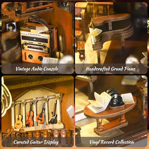 VORATHIS DIY Music Book Nook Kit 3D Wooden Puzzle for Adults and Teens Miniature Booknook Bookshelf Insert with LED Light Ideal Gift for Family FriendsMaestros Study - Image 5