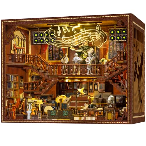 VORATHIS DIY Music Book Nook Kit 3D Wooden Puzzle for Adults and Teens Miniature Booknook Bookshelf Insert with LED Light Ideal Gift for Family FriendsMaestros Study - Image 1