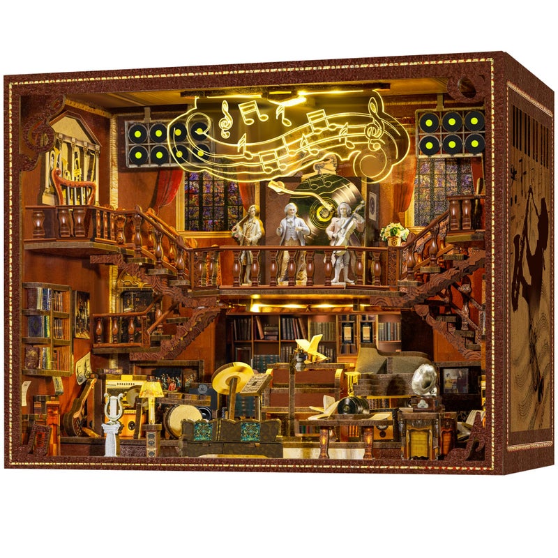 VORATHIS DIY Music Book Nook Kit 3D Wooden Puzzle for Adults and Teens Miniature Booknook Bookshelf Insert with LED Light Ideal Gift for Family FriendsMaestros Study - Image 3