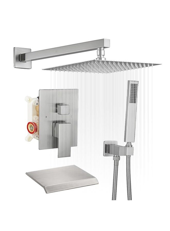 BWE Shower System with Waterfall Tub Spout Shower Faucet Set 10 Inch Square Brushed Nickel Rain Shower Head Bathroom Luxury Wall Mounted Shower Combo Set Rough-in Valve Body and Trim Included - Image 1