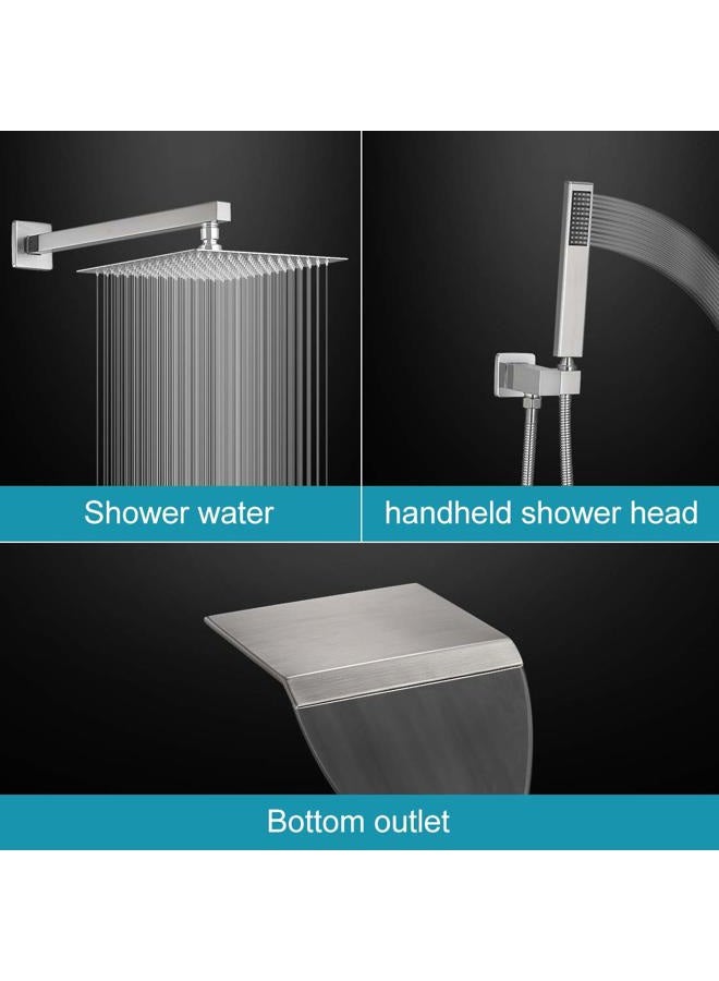 BWE Shower System with Waterfall Tub Spout Shower Faucet Set 10 Inch Square Brushed Nickel Rain Shower Head Bathroom Luxury Wall Mounted Shower Combo Set Rough-in Valve Body and Trim Included - Image 3
