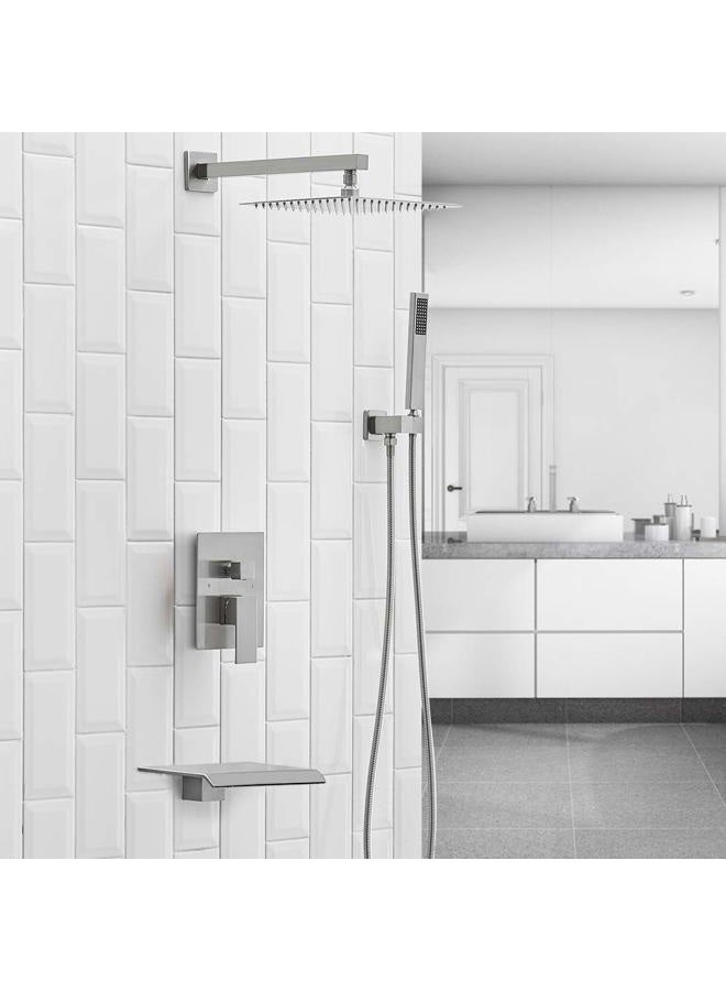 BWE Shower System with Waterfall Tub Spout Shower Faucet Set 10 Inch Square Brushed Nickel Rain Shower Head Bathroom Luxury Wall Mounted Shower Combo Set Rough-in Valve Body and Trim Included - Image 2