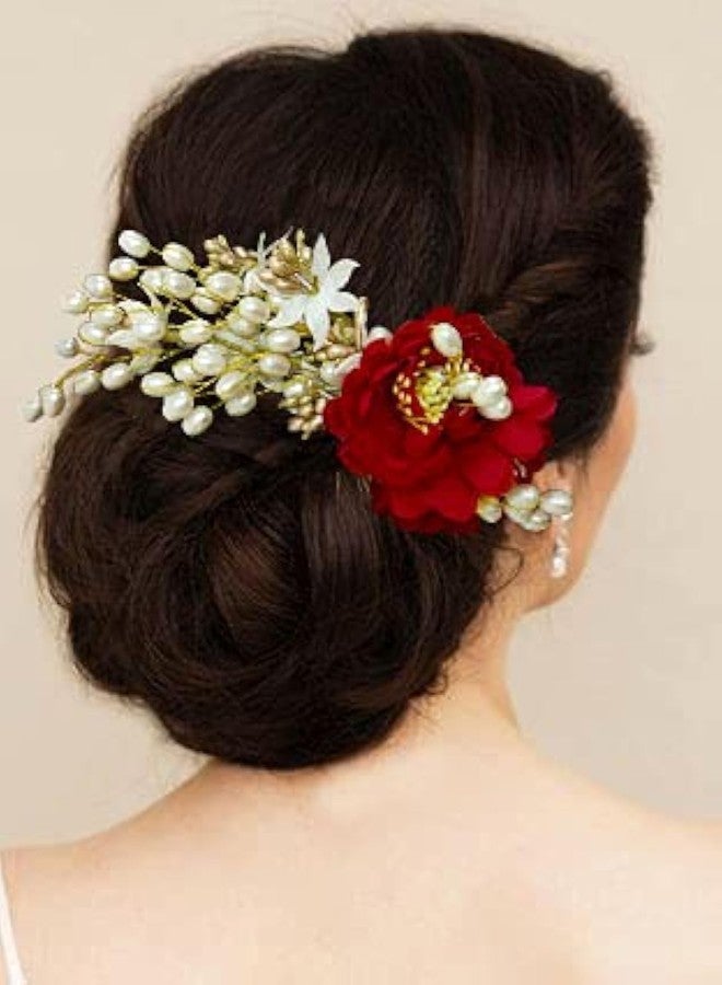 Hair Flare Artificial Peony Flower with Pearl Hair Comb Slide, Hair Juda Bun Accessories, Side Hair Pin for Girls & Women, Red, 2216 - Image 1