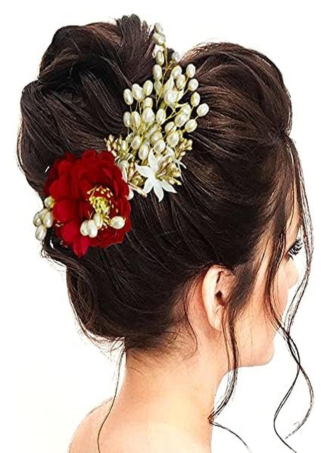 Hair Flare Artificial Peony Flower with Pearl Hair Comb Slide, Hair Juda Bun Accessories, Side Hair Pin for Girls & Women, Red, 2216 - Image 2
