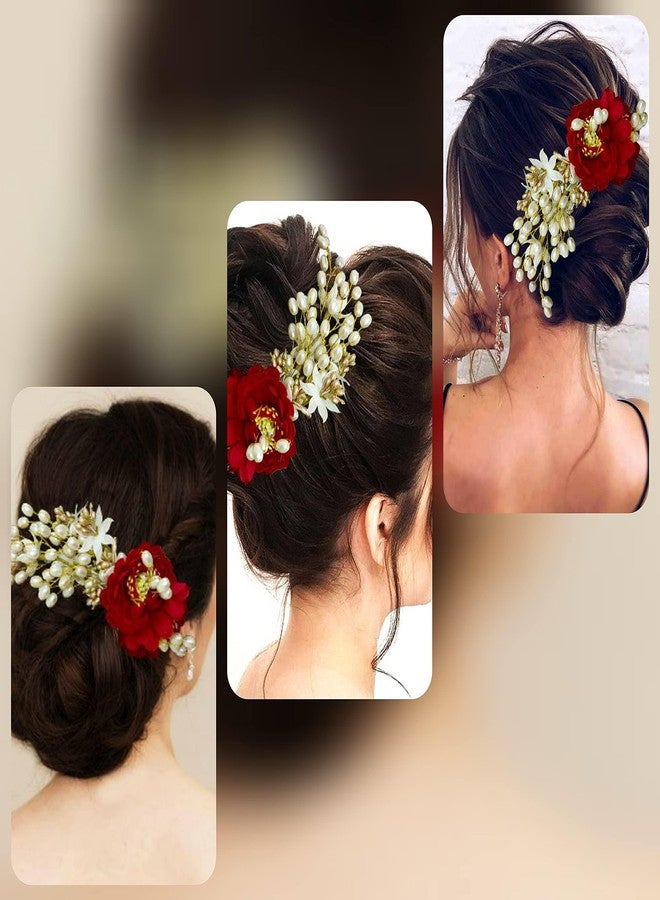 Hair Flare Artificial Peony Flower with Pearl Hair Comb Slide, Hair Juda Bun Accessories, Side Hair Pin for Girls & Women, Red, 2216 - Image 4