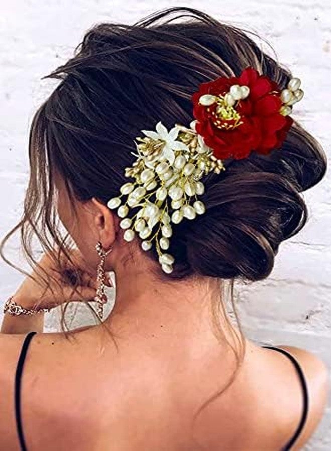 Hair Flare Artificial Peony Flower with Pearl Hair Comb Slide, Hair Juda Bun Accessories, Side Hair Pin for Girls & Women, Red, 2216 - Image 3
