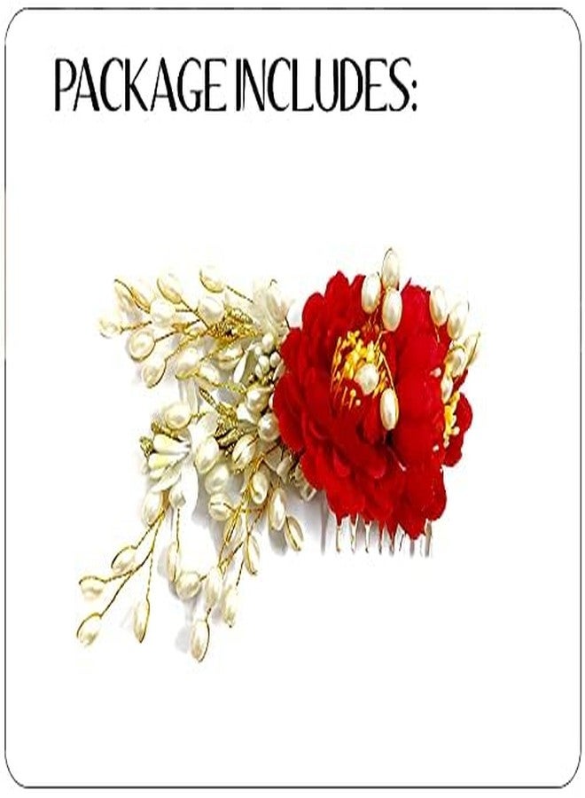 Hair Flare Artificial Peony Flower with Pearl Hair Comb Slide, Hair Juda Bun Accessories, Side Hair Pin for Girls & Women, Red, 2216 - Image 5