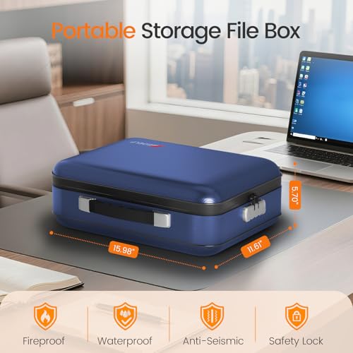 GOELF Fireproof Document Box with Lock, 5200°F Fireproof Water Resistant Hard Case File Organizer Safe Box for Important Documents, Certificates, Laptop, Passports (Blue) - Image 2