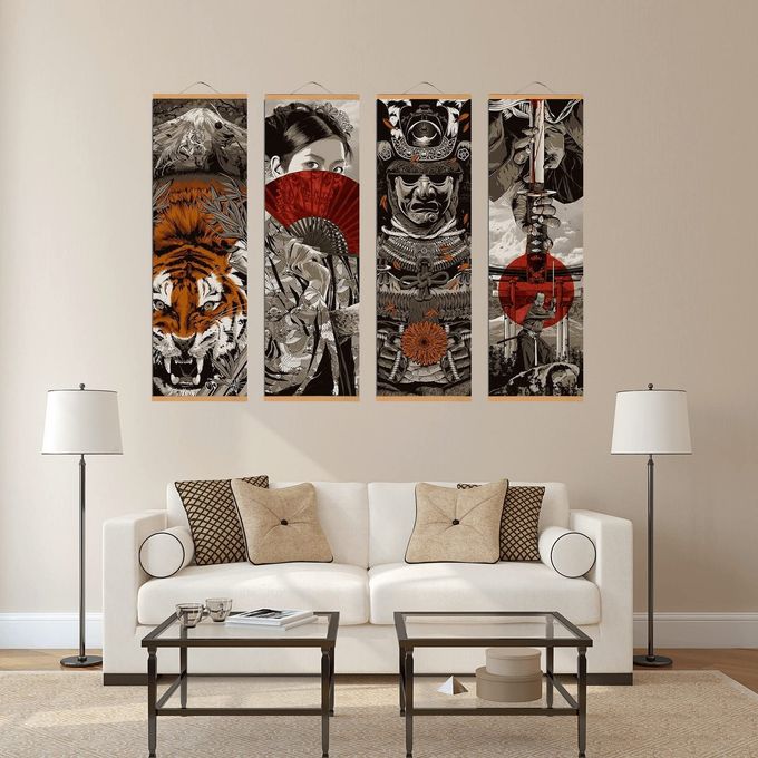 AWISBI 4PCS Japanese Wall Decor, Japanese Wall Art, Japanese Decor for Bedroom, Sumurai Armor Warrior Canvas Wall Decorations with Scroll Wood Framed, Sushi Restaurant Decor, 11''x35'' - Image 3