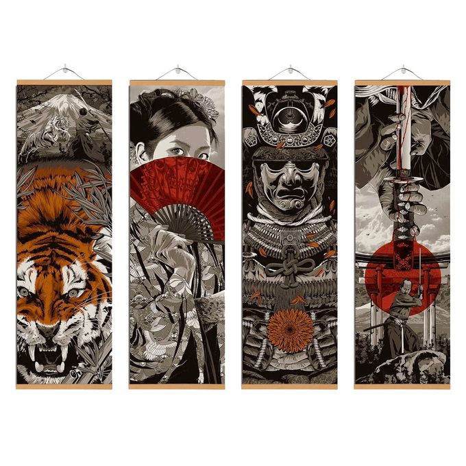 AWISBI 4PCS Japanese Wall Decor, Japanese Wall Art, Japanese Decor for Bedroom, Sumurai Armor Warrior Canvas Wall Decorations with Scroll Wood Framed, Sushi Restaurant Decor, 11''x35'' - Image 1