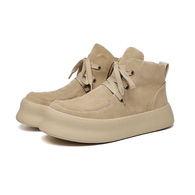 Mens High-Top Thick Sole Casual Boots Autumn Winter Khaki fleece-lined