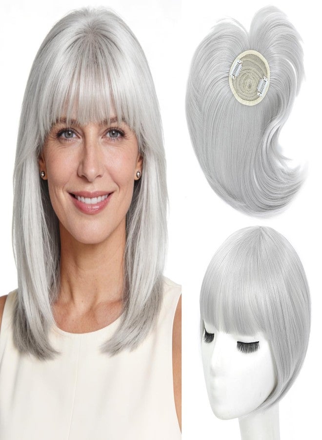Cesomeey Hair Toppers for Women with Clip in Bangs, 10 Inch Straight Bangs Hair Clip, 360°3D Cover Toppers HairPieces for Women with Thinning Hairs Daily Wear (Silver Grey, 10 Inch) - Image 1