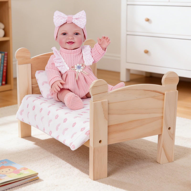BABESIDE 3 Pcs Baby Doll Crib with Bedding Set for 1216 Inch Babydolls Wooden Dolls Furniture Doll Bed with Pillow and Blanket for Realistic Baby Doll Accessories Doll Not Included - Image 3