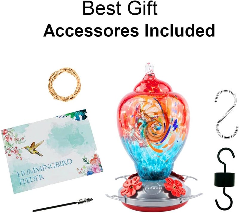 WOSIBO Hummingbird Feeder for Outdoors Patio Large 32 Ounces Colorful Hand Blown Glass Hummingbird Feeder with Ant Moat Hanging Hook, Rope, Brush and Service Card (Red-Blue) - Image 5
