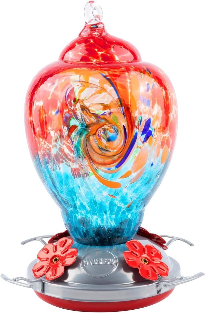 WOSIBO Hummingbird Feeder for Outdoors Patio Large 32 Ounces Colorful Hand Blown Glass Hummingbird Feeder with Ant Moat Hanging Hook, Rope, Brush and Service Card (Red-Blue) - Image 1