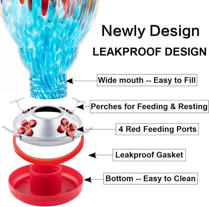 WOSIBO Hummingbird Feeder for Outdoors Patio Large 32 Ounces Colorful Hand Blown Glass Hummingbird Feeder with Ant Moat Hanging Hook, Rope, Brush and Service Card (Red-Blue) - Image 4
