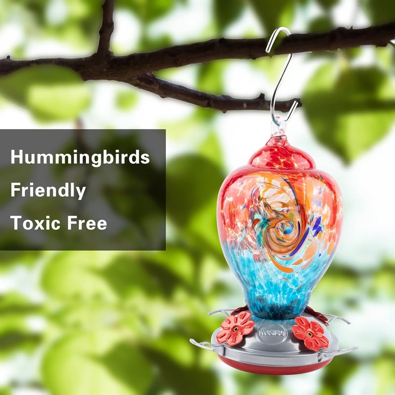WOSIBO Hummingbird Feeder for Outdoors Patio Large 32 Ounces Colorful Hand Blown Glass Hummingbird Feeder with Ant Moat Hanging Hook, Rope, Brush and Service Card (Red-Blue) - Image 3