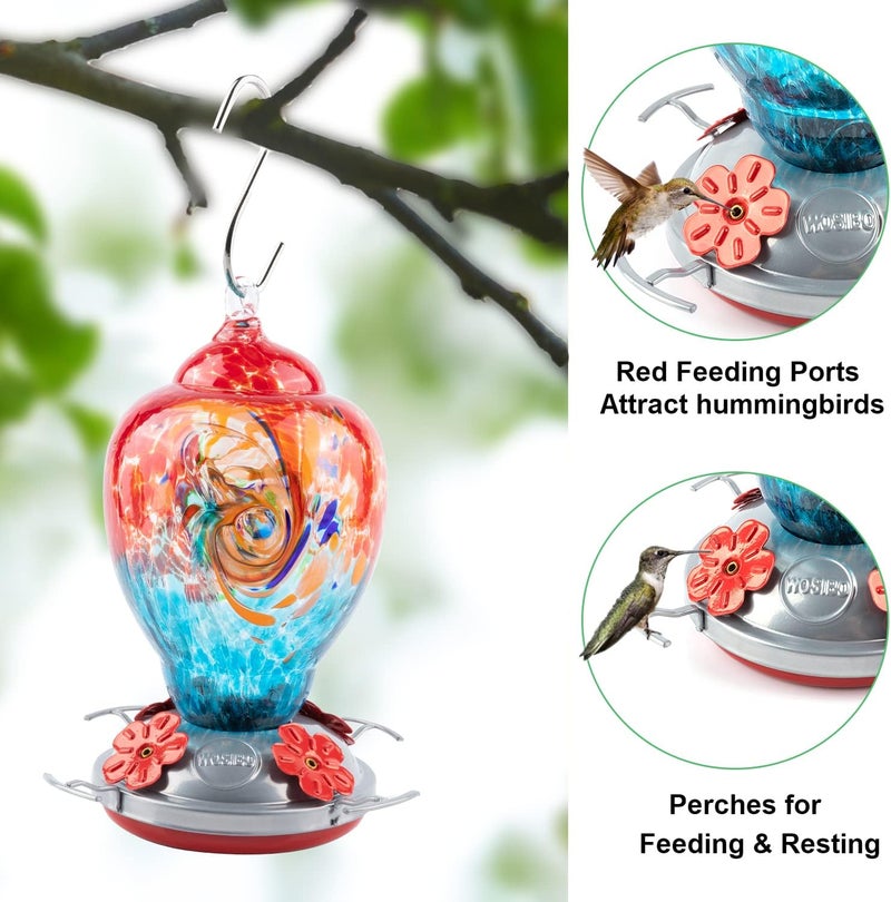 WOSIBO Hummingbird Feeder for Outdoors Patio Large 32 Ounces Colorful Hand Blown Glass Hummingbird Feeder with Ant Moat Hanging Hook, Rope, Brush and Service Card (Red-Blue) - Image 2
