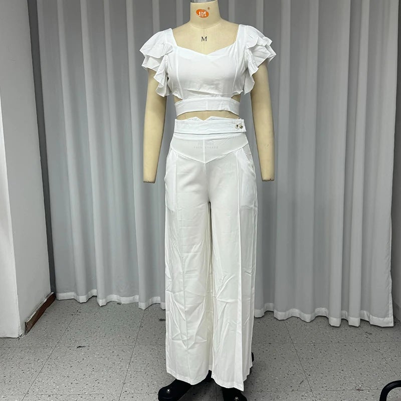 2024 Summer New European and American Cross-border Womens Clothing Lotus-leaf Sleeve Navel Top High Waist Wide-leg Pants Two-piece Set White 