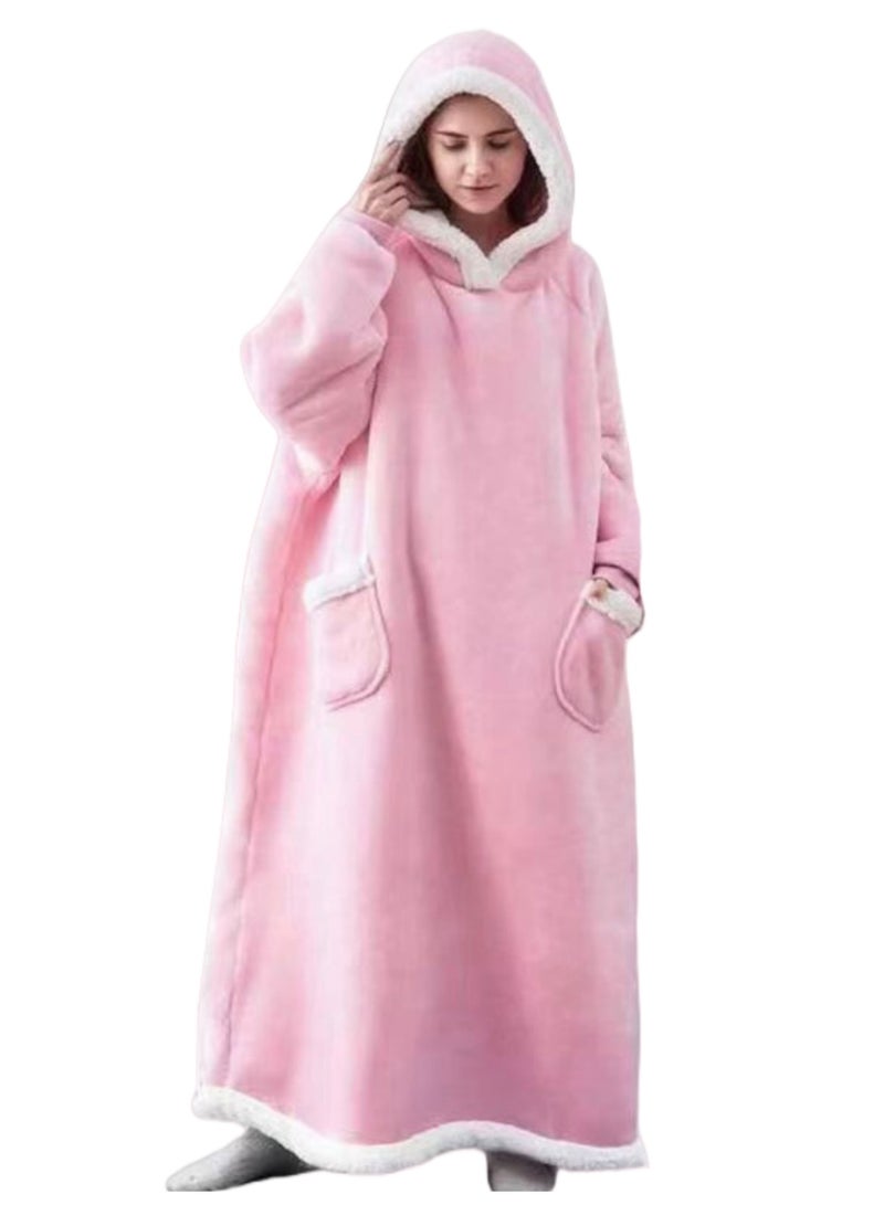 Thickened Flannel Warm Pullover Pajamas, Extra-large Long-sleeved Hooded Loungewear, Suitable for Home or Office Use, Unisex—Pink - Image 1