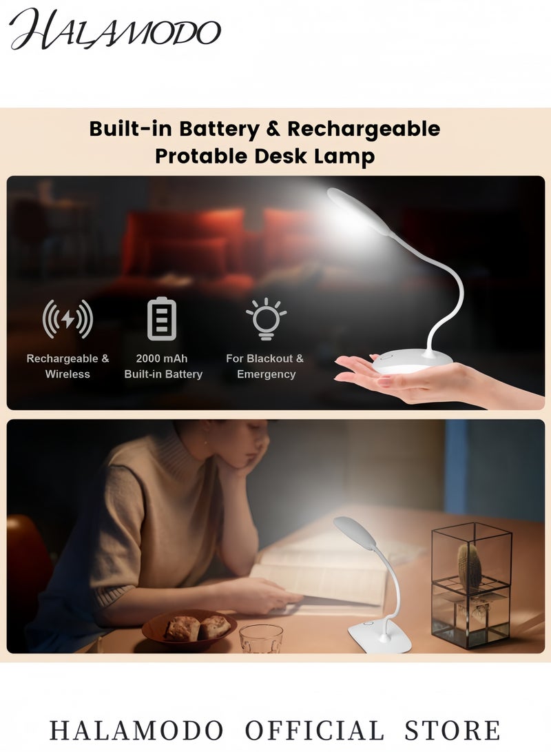 هالامودو مصباح مكتب LED قابل لإعادة الشحن ضوء قراءة قابل للتعديل باللمس مع ذراع مرنة شحن USB مصباح طاولة محمول لراحة العين مصباح مكتب بتصميم مشبك للسرير والمكتب والدراسة أبيض - Image 2