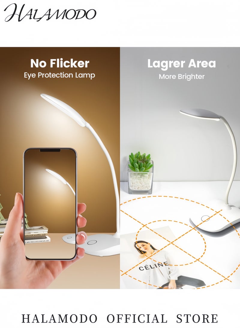 هالامودو مصباح مكتب LED قابل لإعادة الشحن ضوء قراءة قابل للتعديل باللمس مع ذراع مرنة شحن USB مصباح طاولة محمول لراحة العين مصباح مكتب بتصميم مشبك للسرير والمكتب والدراسة أبيض - Image 5