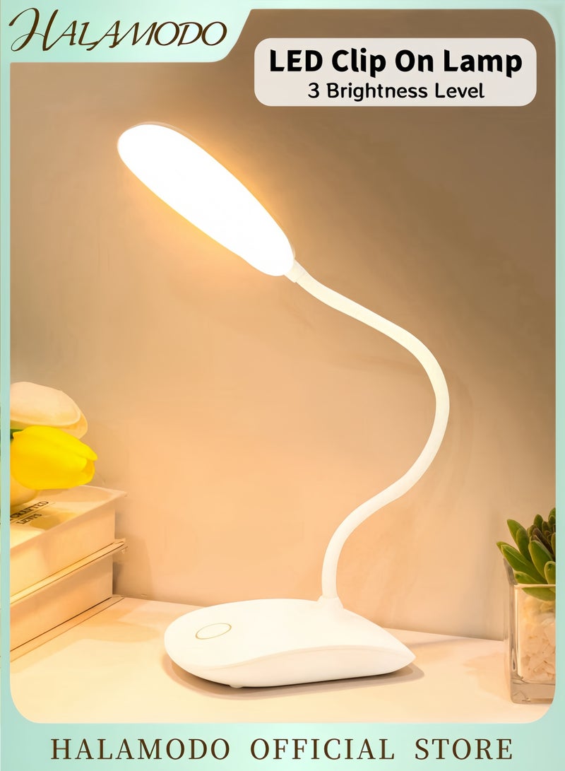 هالامودو مصباح مكتب LED قابل لإعادة الشحن ضوء قراءة قابل للتعديل باللمس مع ذراع مرنة شحن USB مصباح طاولة محمول لراحة العين مصباح مكتب بتصميم مشبك للسرير والمكتب والدراسة أبيض - Image 1
