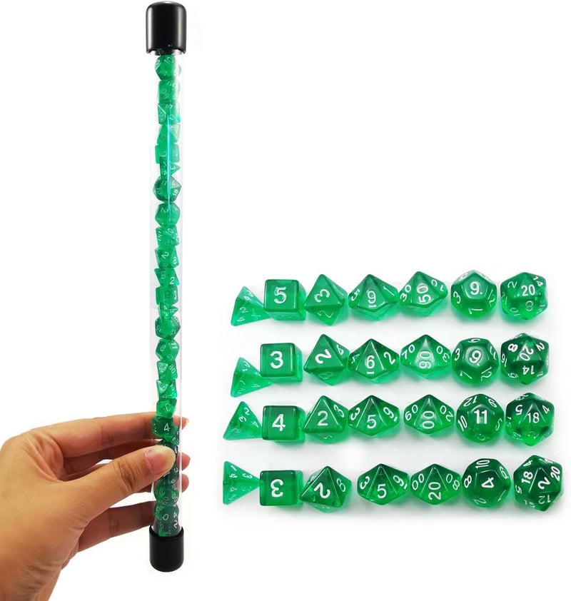 Bescon 28pcs Translucent Green Mini Polyhedral Dice Set in Tube, for Dungeons and Dragons RPG Dice 4X7pcs,Mini Gem Green Dice Set - Image 1
