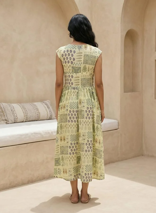 Sanskrutihomes Yellow Ethnic Motifs Print Silk Blend Flared Midi Dress