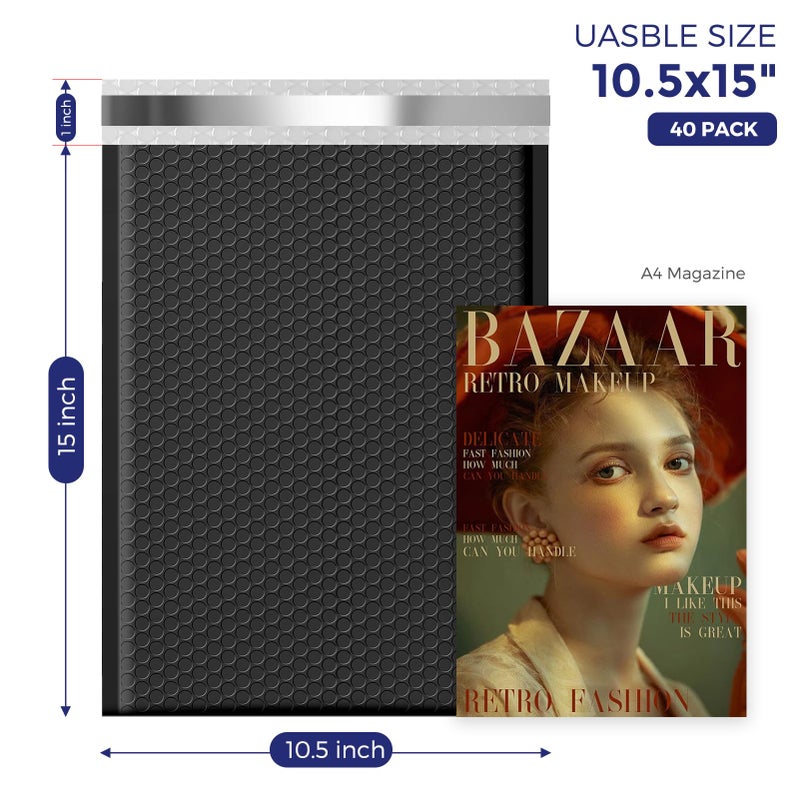 Fuxury Bubble Mailers 10.5x16 Inch 40 Pack Self Seal Padded Envelopes Waterproof Mailing Envelopes Bubble Padded Cushioning Padded Mailers Bubble Bags for Packaging Small Business Large #5 Black - Image 2