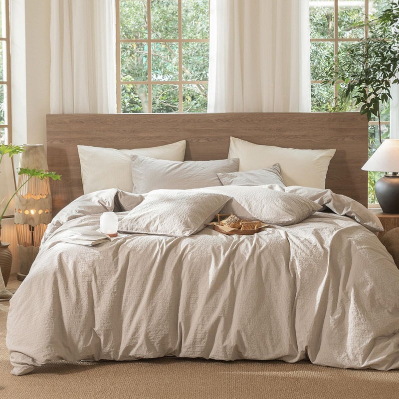 MooMee Wavy Striped Duvet Cover Set 100 Washed Cotton Linen Like Textured Breathable Durable Soft Comfy Beige Queen 90x90