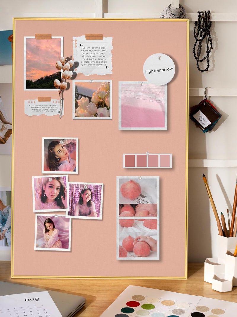 lightomorrow Bulletin Board 23.6 x 17.7 inches, Blush Coral Pin Board, Golden Aluminum Framed Fabric Cork Board with 10 Push Pins - Image 5