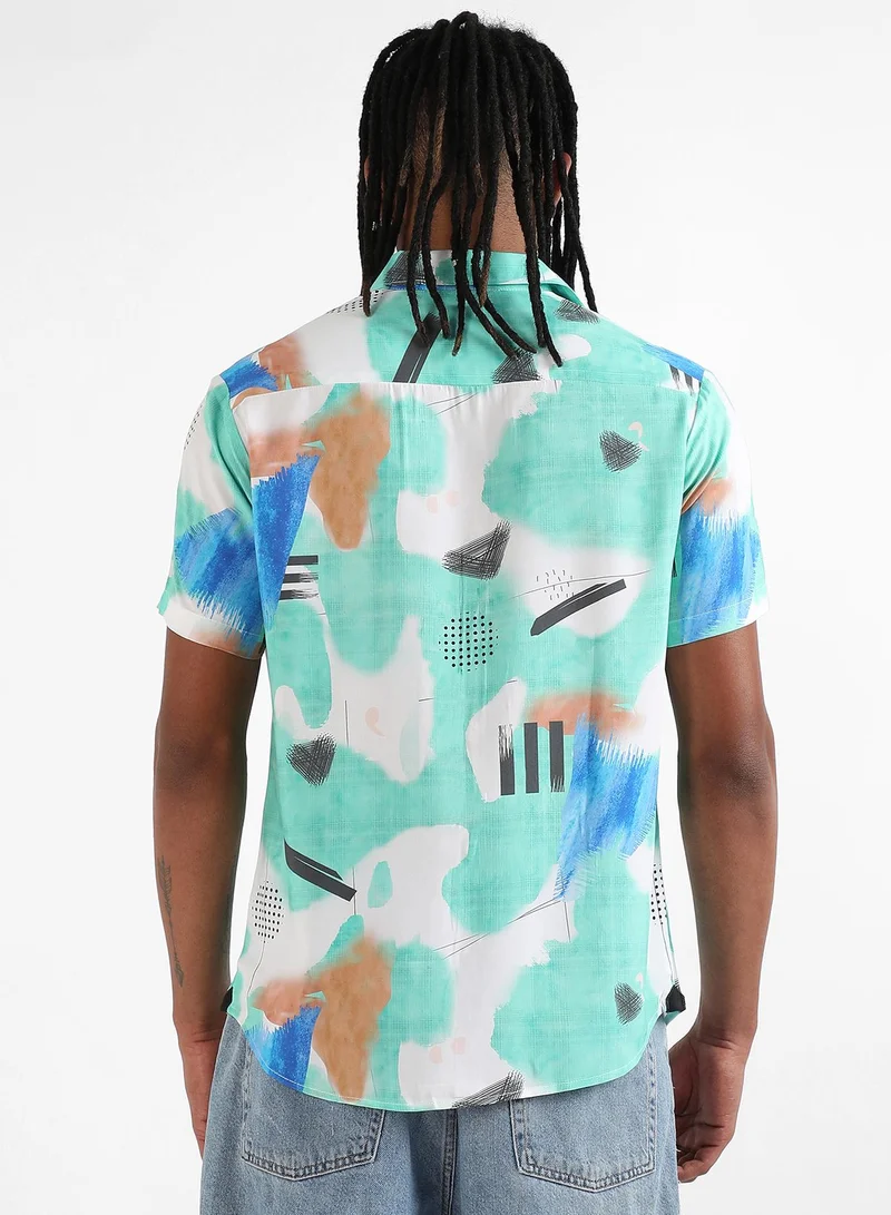 Campus Sutra Men's EcoLiva Mint Green Abstract Strokes Shirt