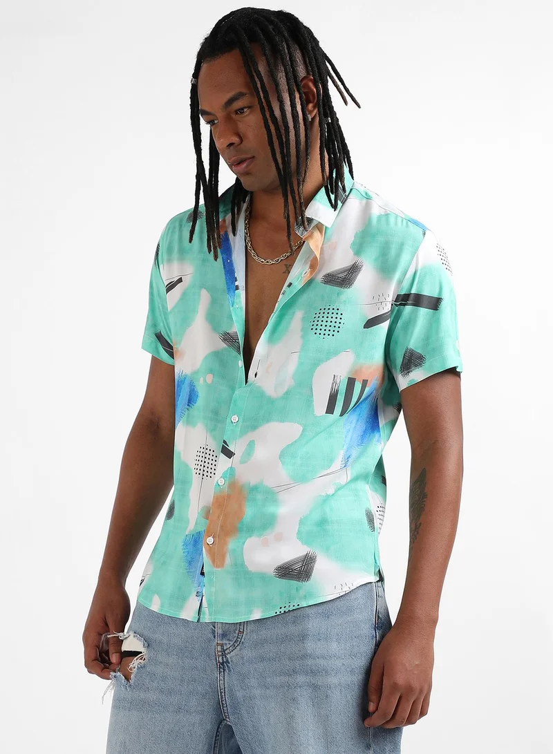 Campus Sutra Men's EcoLiva Mint Green Abstract Strokes Shirt