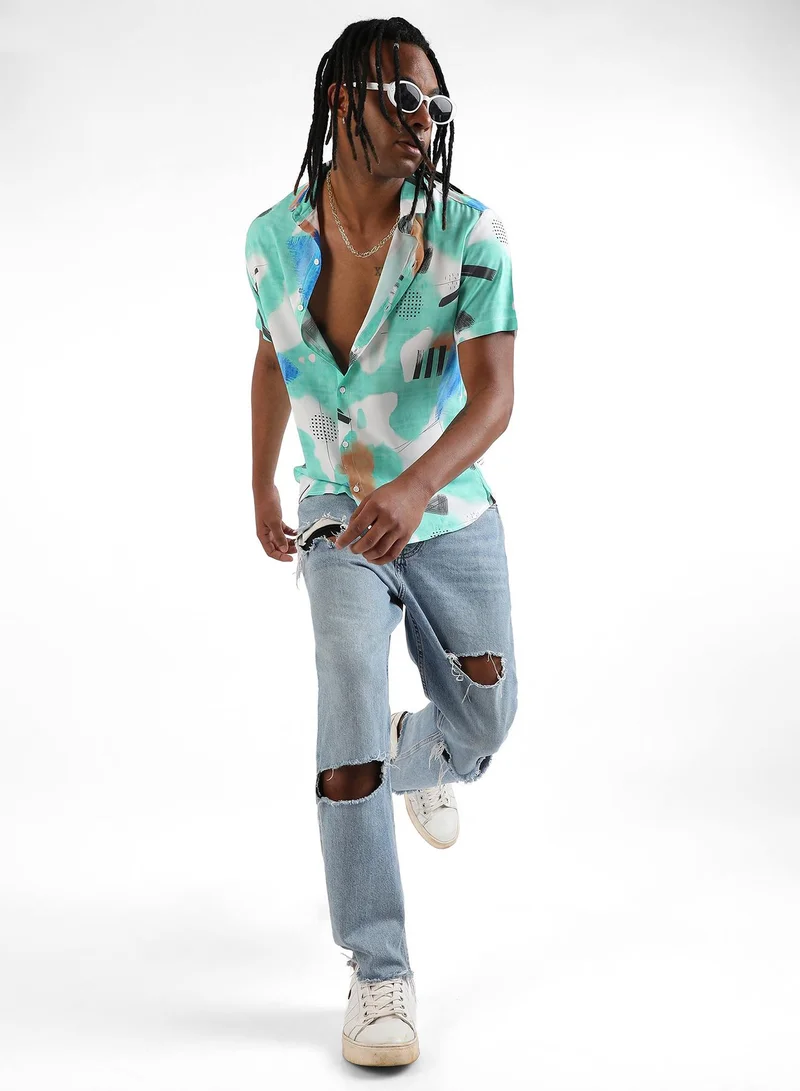 Campus Sutra Men's EcoLiva Mint Green Abstract Strokes Shirt
