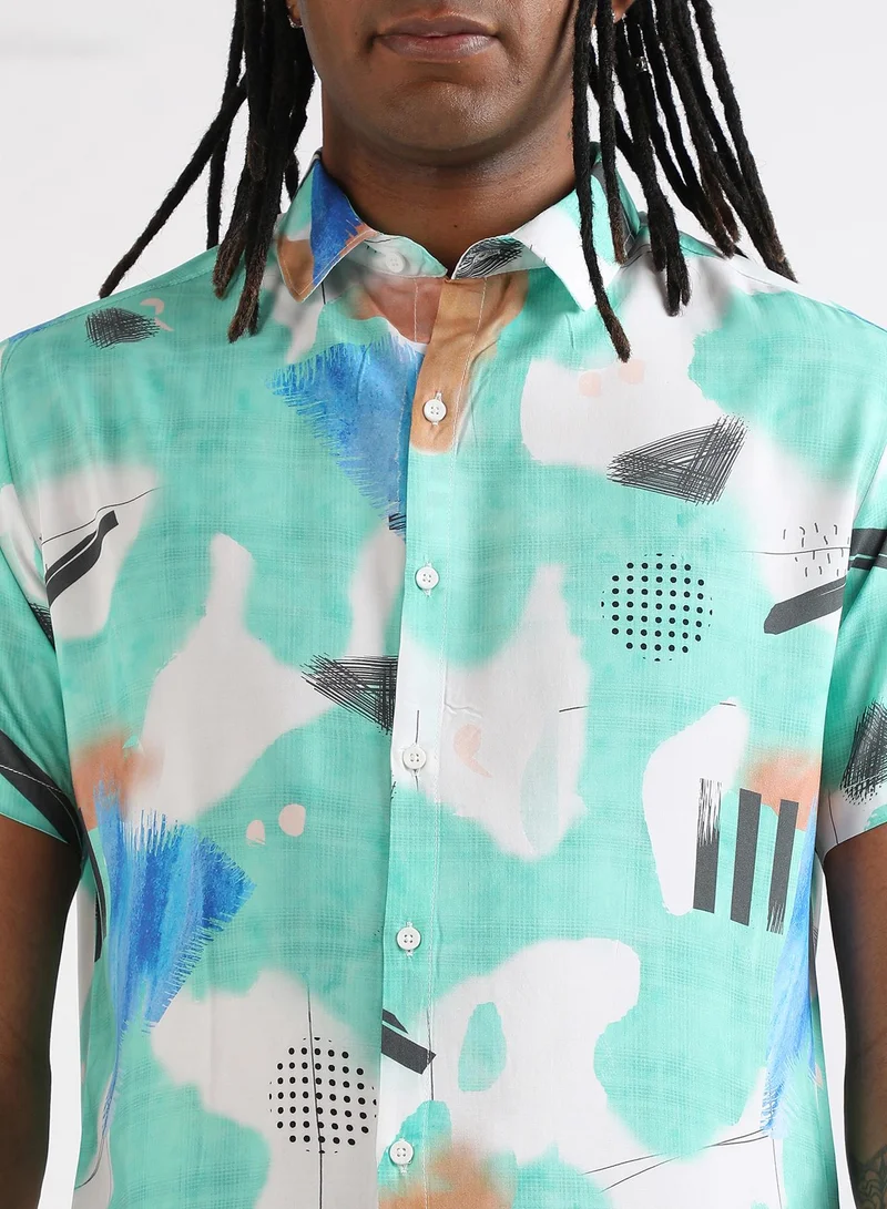 Campus Sutra Men's EcoLiva Mint Green Abstract Strokes Shirt