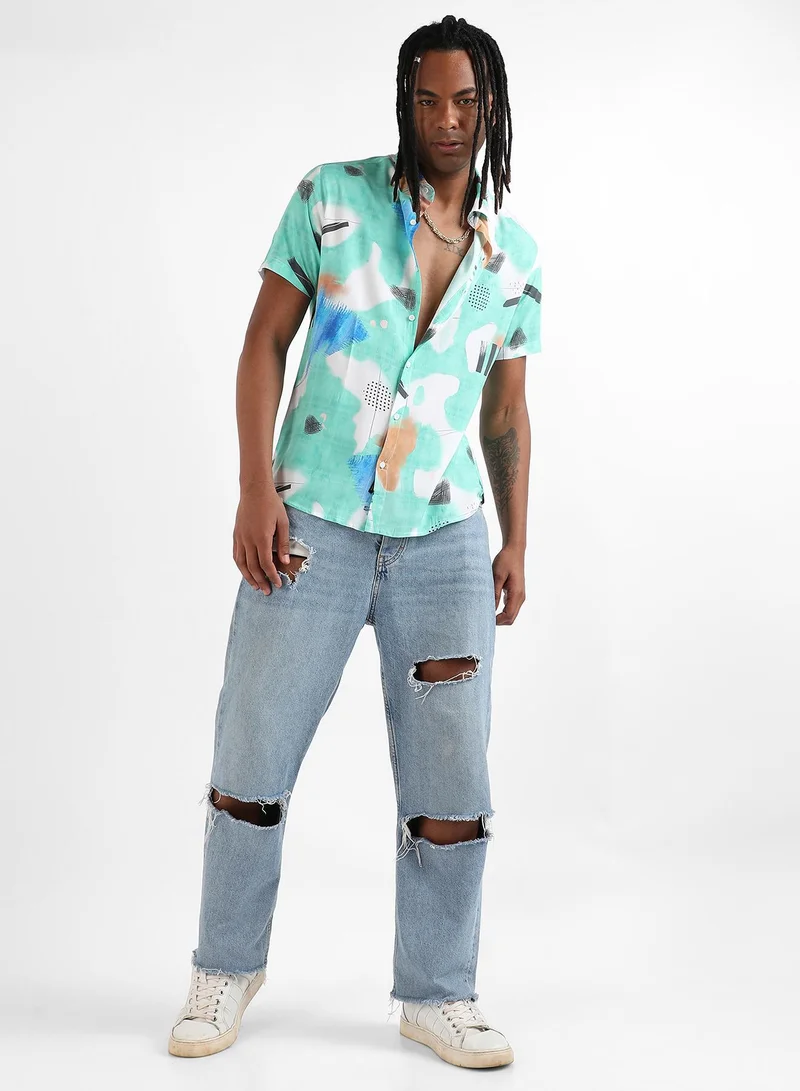 Campus Sutra Men's EcoLiva Mint Green Abstract Strokes Shirt