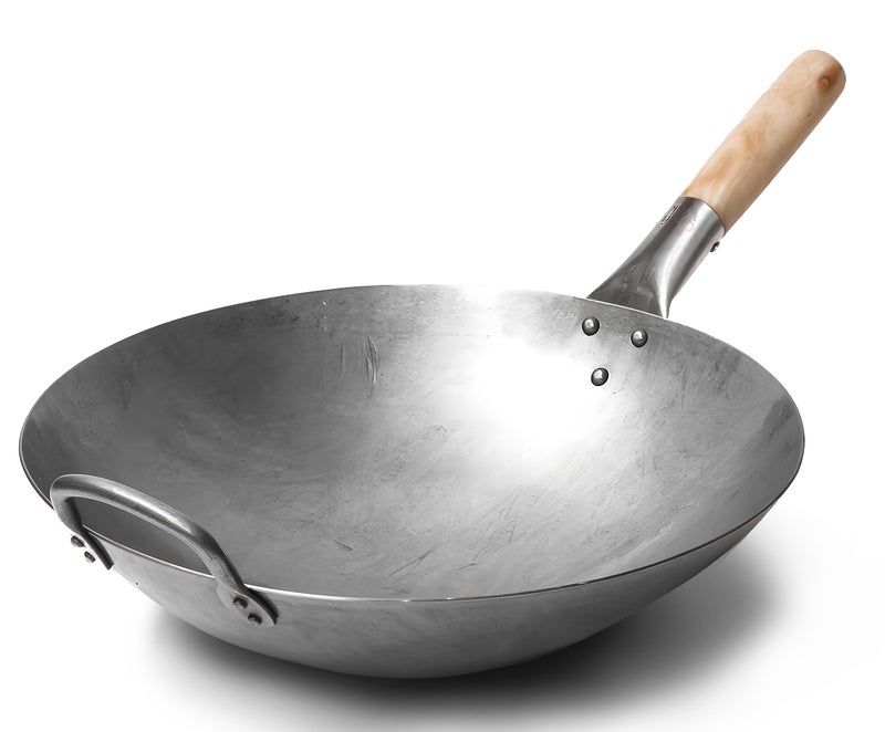 Craft Wok Traditional Hand Hammered Chinese Carbon Steel Wok with Wooden and Steel Helper Handle 14 Inch Round Bottom Pow Wok Pan  731W88