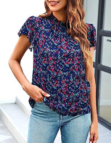 SimpleFun Summer Boho Tops for Women 2025 Short Sleeve Ruffle Shirt Mock Neck Chiffon Floral Blouse Navy Blue S - Image 3