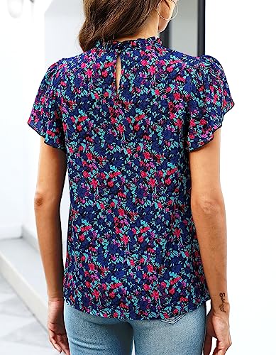 SimpleFun Summer Boho Tops for Women 2025 Short Sleeve Ruffle Shirt Mock Neck Chiffon Floral Blouse Navy Blue S - Image 4
