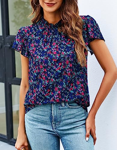 SimpleFun Summer Boho Tops for Women 2025 Short Sleeve Ruffle Shirt Mock Neck Chiffon Floral Blouse Navy Blue S - Image 2