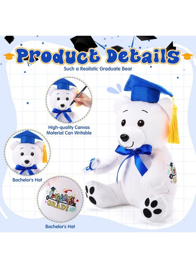 Zomiboo 2 pcs Graduation Autograph Stuffed Animal Gift 12 Inch Plush Bear with 12 Color Pen Graduation Party Gift Stuff for Her Him, Masters, College, White Smooth Fabric(Blue Hat) - Image 3