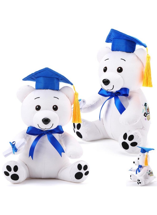 Zomiboo 2 pcs Graduation Autograph Stuffed Animal Gift 12 Inch Plush Bear with 12 Color Pen Graduation Party Gift Stuff for Her Him, Masters, College, White Smooth Fabric(Blue Hat) - Image 1